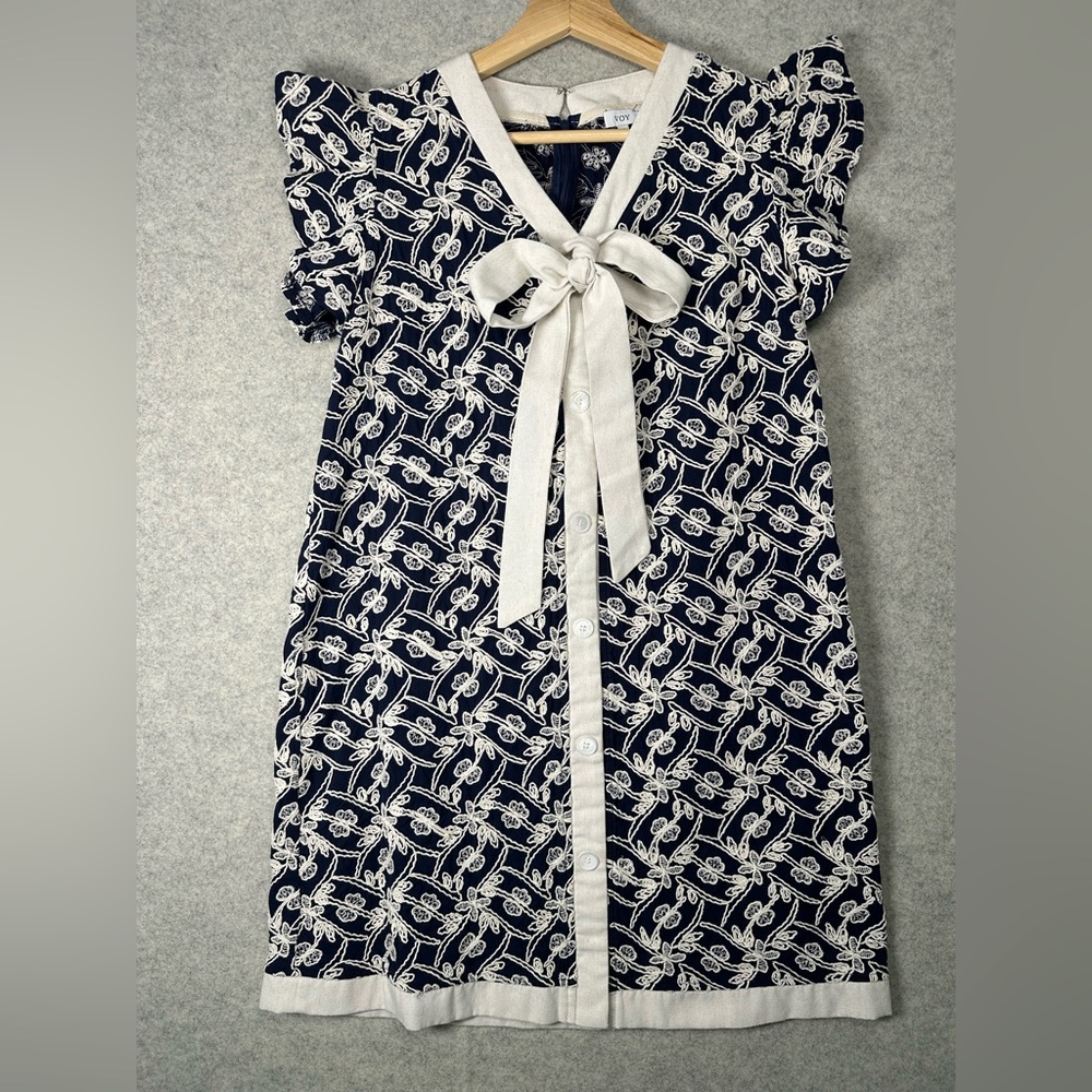 VOY Navy White Embroidered Ruffle Sleeve Cotton Dress M